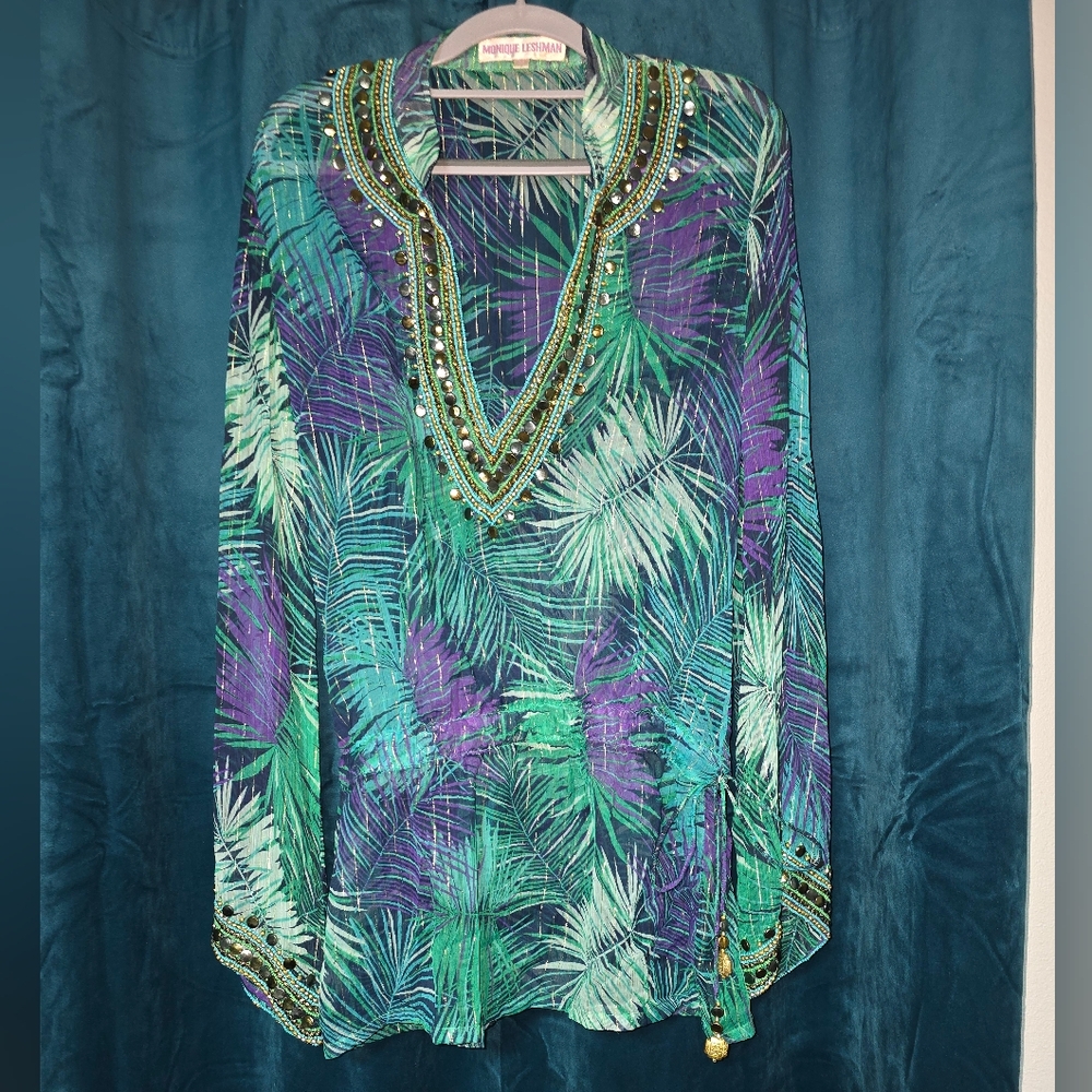 NWOT Monique Leshman 100% Silk Tunic Tropical Green and Purple Women's Top MD